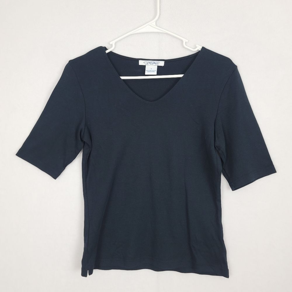 Small 100% Pima Cotton Black Blouse 1/2 Sleeve‎ Fitted Brand In Stitches Capsule